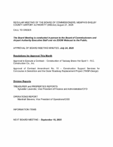 August 2025 Board Meeting Agenda